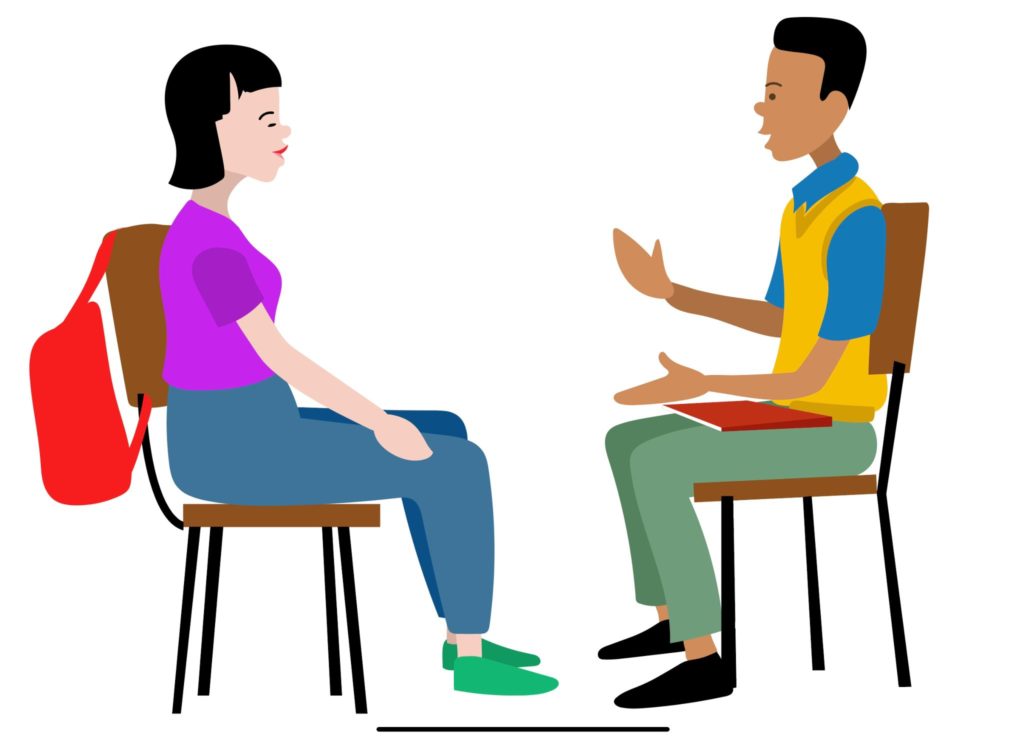 An illustration of a man and a woman sitting opposite each other having a conversation