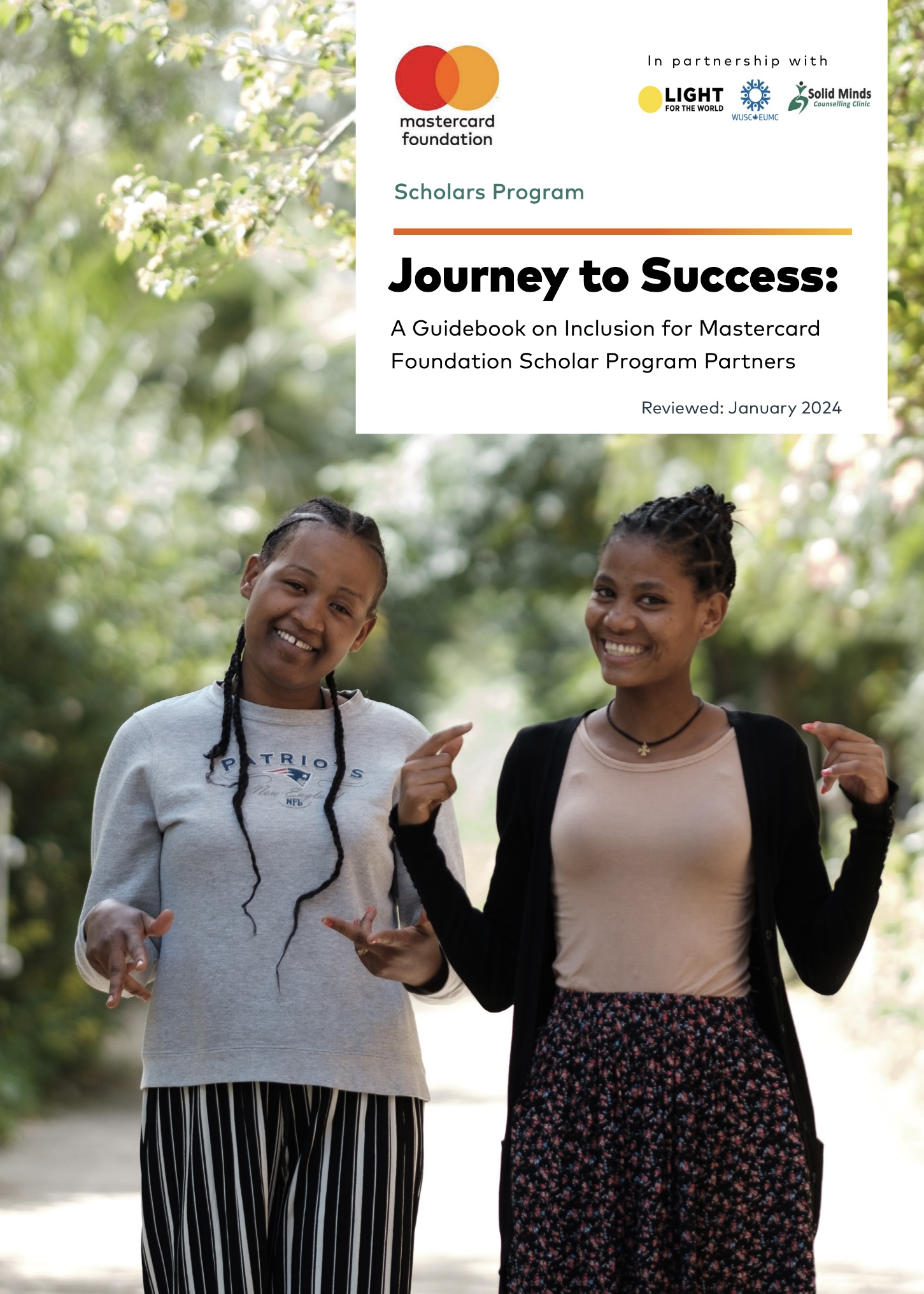 The cover of a report. Two young women speaking sign language are smiling and looking at the camera. The title of the report reads “Journey to Success”